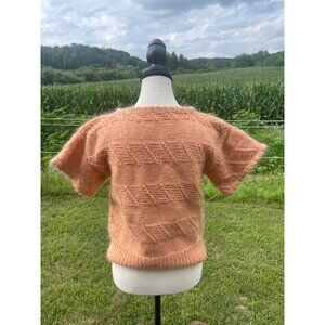 Vintage Hand-Knit Peach Sweater Sz S Chevron Pattern Short Sleeves V-Neck Pullov